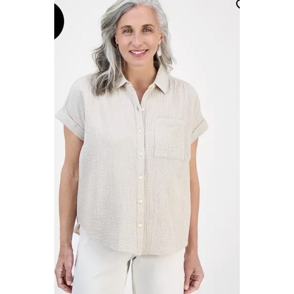 STYLE&CO WOMEN'S TEXTURED PETITE GAUZE COTTON SHIRT STONE WALL NWT SIZE PM